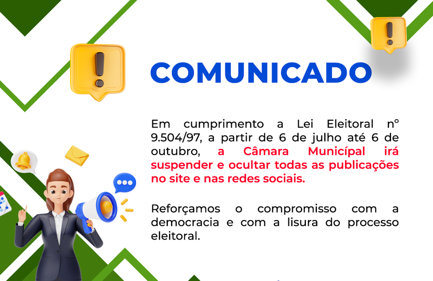 Câmara de Divinópolis se adequa às normas eleitorais e suspende as publicações no site institucional e redes sociais durante período eleitoral